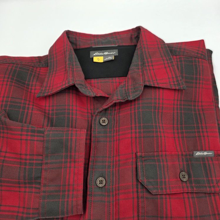 Eddie Bauer Men's Tall Large TL Red Gray Plaid Button Down Shirt Long Sleeve