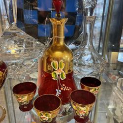 Red Ruby Glass Decanter W/ 4 Glasses