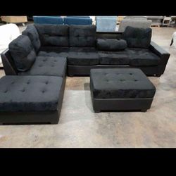 New Black 2 Tones Reversible Sectional With Ottoman 