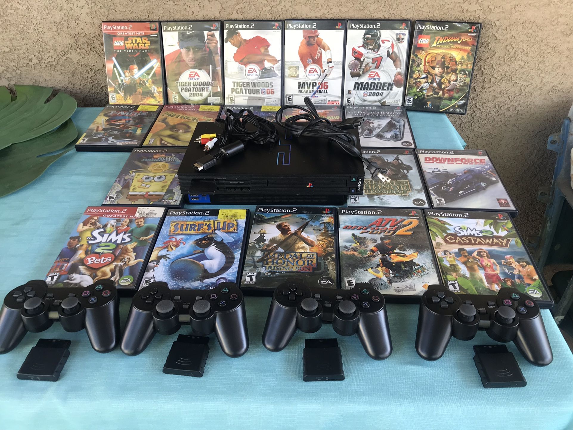 Sony PS2 w/ 19 Games & 4 Wireless Controllers 