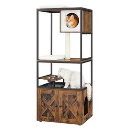 Cat Tree, Scratching Post, Cat House with Litter Compartment, Raised Bowl Holder, Sisal Post, Washable Carpets, Vintage Brown PCT312X01