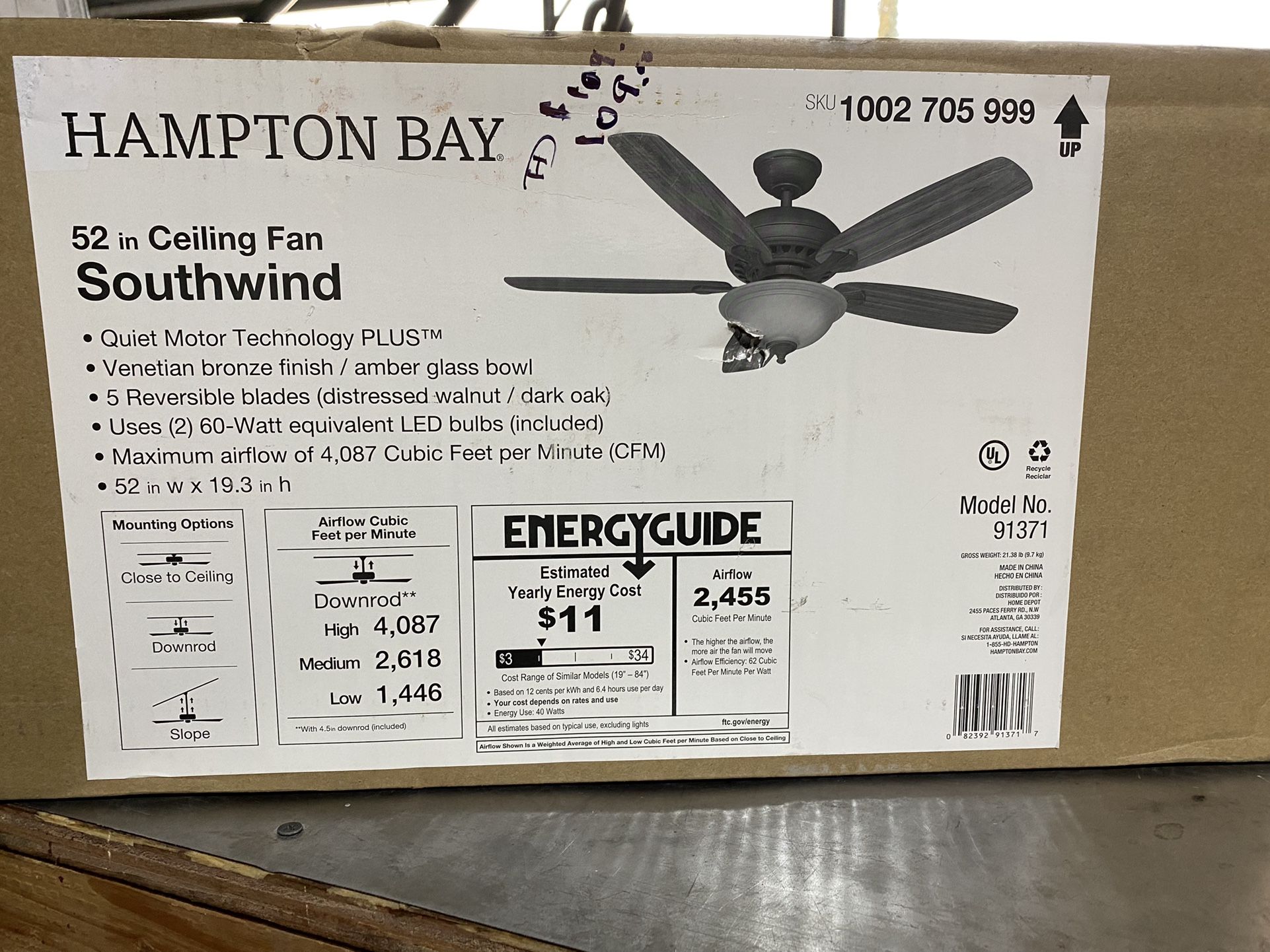 Hampton Bay Southwind 52 in. Indoor LED Venetian Bronze Ceiling Fan with 5 Reversible Blades, Light Kit, Downrod and Remote Control