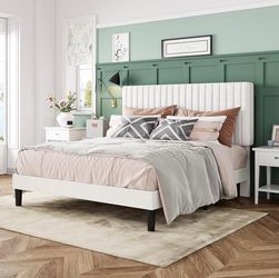 White Upholstered Platform Bed Frame with Channel Tufted Headboard