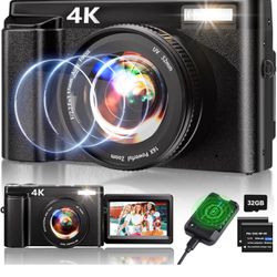 4K Digital Camera for Photography, 48MP Auto-Focus Vlogging Camera for YouTube, 16X Digital Zoom/ 3" 180° Flip Screen/Anti Shake/Flash with SD Card, C