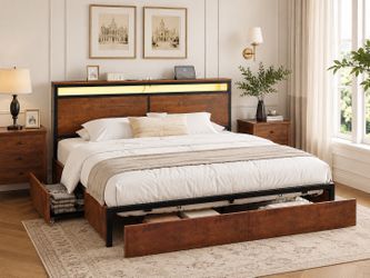 King Bed Frame with LED Headboard, Storage Drawers & Charging Station – Brand New
