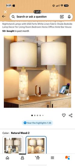 27" Alabaster and Wood Table Lamp Set of 2 with Night Light Nightstand Lamps with USB Ports White Li