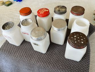 Ten Vintage Milk Glass Spice Jars