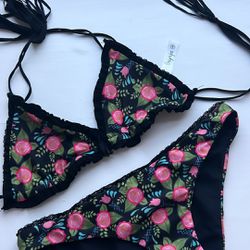 Women’s Brynja Floral Black and Pink Cheeky Bikini Set (Size: Medium)