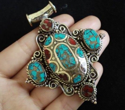 Large Handmade Brass Pendant With Coral And turquoise