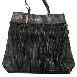 Victoria’s Secret Black Fringe Tote Shoulder Bag Gold Logo 15x17 Faux Leather