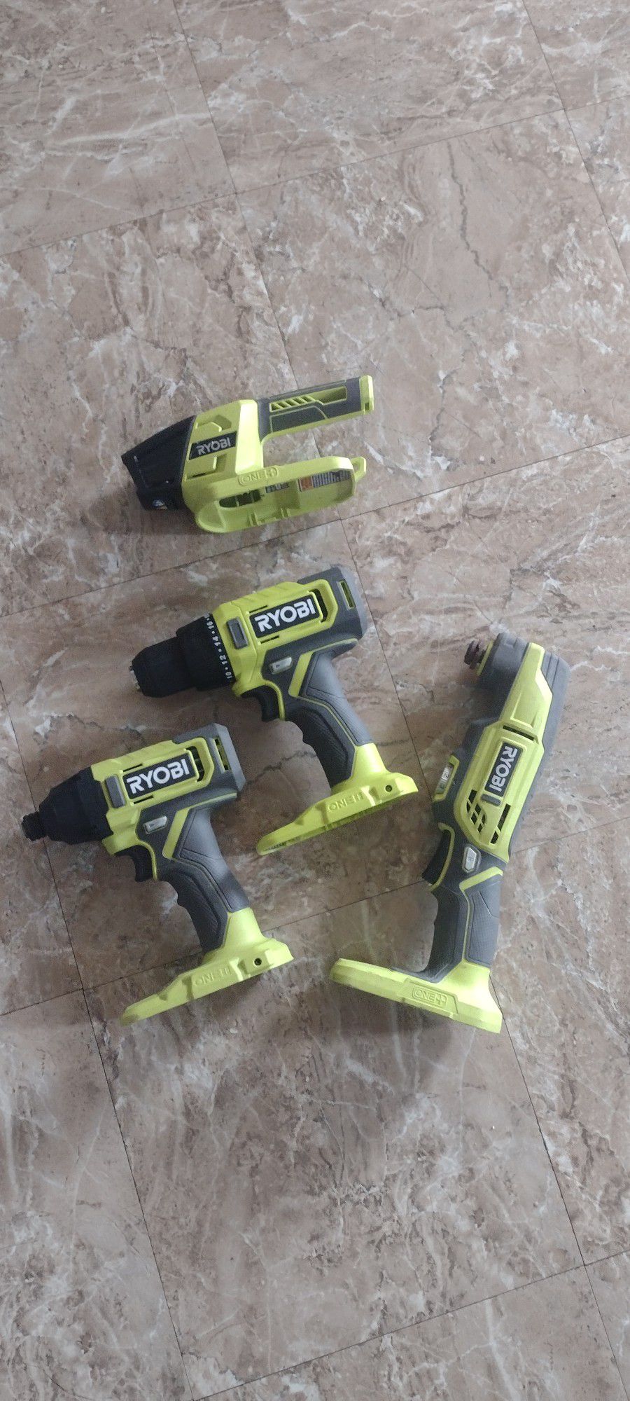 ryobi one +  cordless 1/4' impact driver/1/2' drill driver 2 speed/oscillating multi tool variable speed/LED lamp 18v tool only firm price 