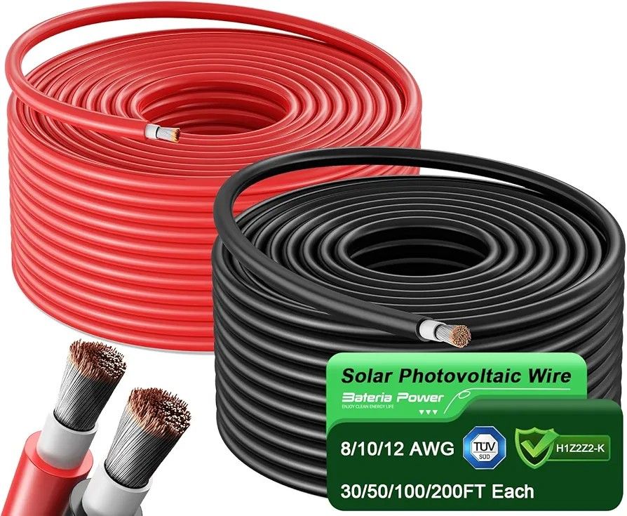 Bateria Power Solar Panel Wire 50Ft Black and 50Ft Red Kit, 10AWG (6mm²) Solar Panel Extension Cable PV Tinned Copper Wire for Outdoor Home