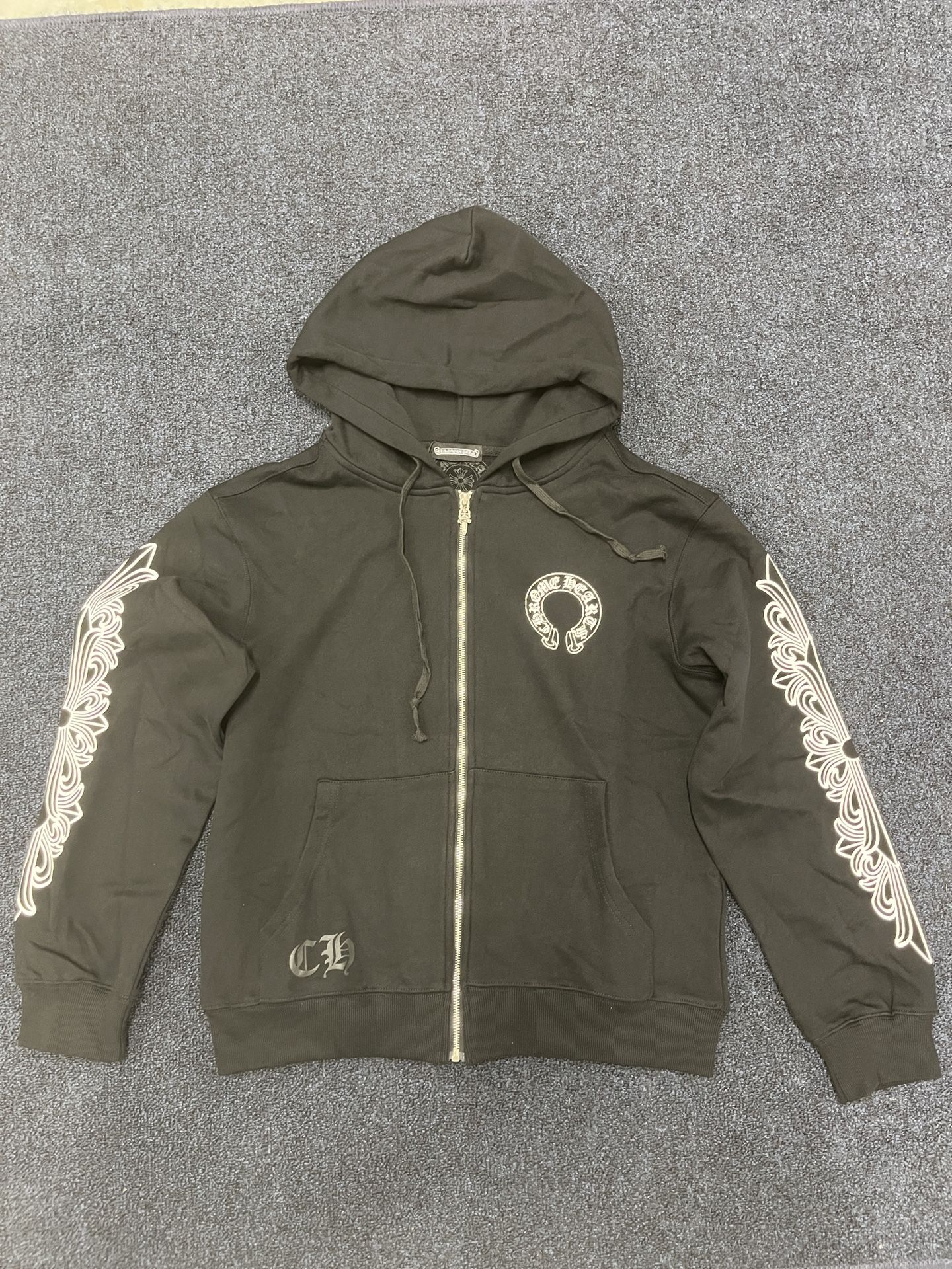 Chrome Hearts Horseshoe Floral Cross-Sleeve Zip Up Hoodie 'Black/White' (SMALL/MEDIUM/LARGE)