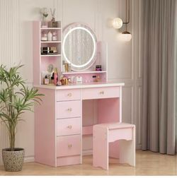 Pink Makeup Vanity Set With Stool