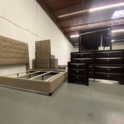 CHOCOLATE CHIP UPHOLSTERED BEDROOM SET WITH OVERSIZED DRESSER & NIGHTSTAND ! $975  This bedroom set includes 56 inch tall headboard , oversized dresse