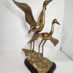 Vintage Brass Bird Statue Pair Of Cranes Set To Fly Heron MCM Hollywood Regency