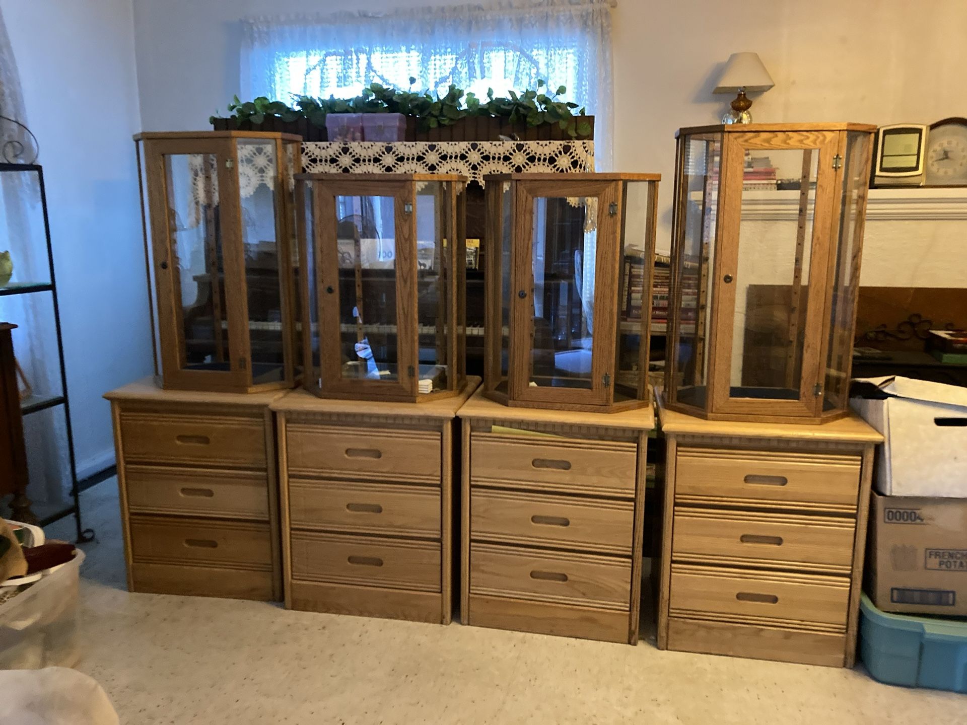 Oak And Glass Display Cases.