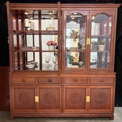 Vintage Rosewood Lighted Display Hutch with Carved Asian Medallions