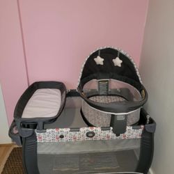 Baby Playard with Canopy, Portable Crib with Changing Table 