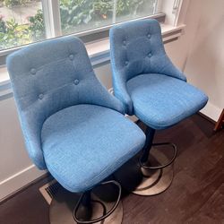 Set of 2 Adjustable Swivel Bar Stools – Blue Upholstered – Great Condition