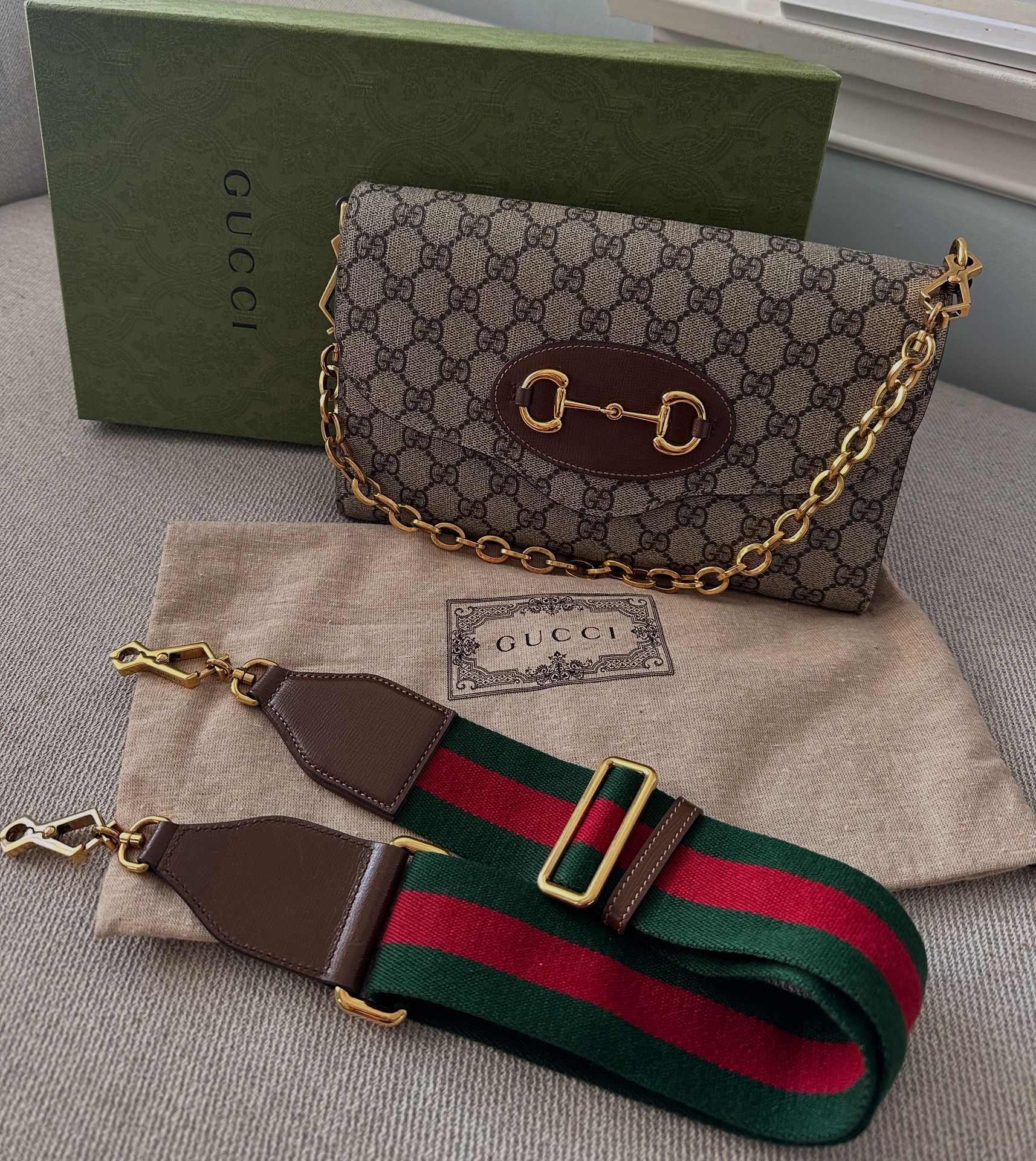 GUCCI GG Supreme Monogram Azalea Calfskin Web Small Horsebit 1955 Crossbody Bag