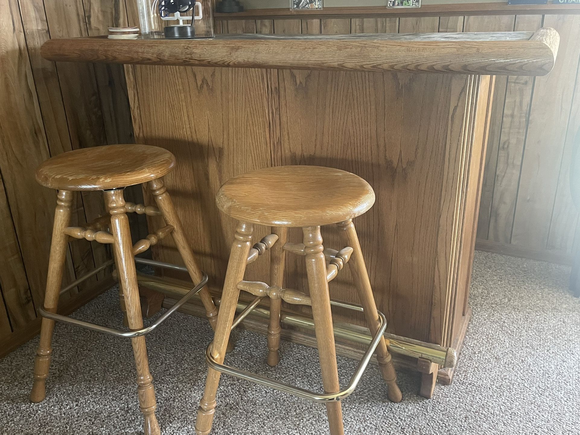 Oak & Brass Bar w/ Barstools (3)