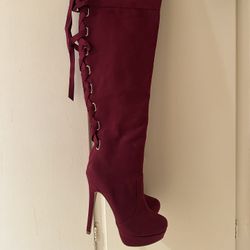 Burgundy Faux Suede Thigh High Platform Boots. No Brand Label. Sz 9.