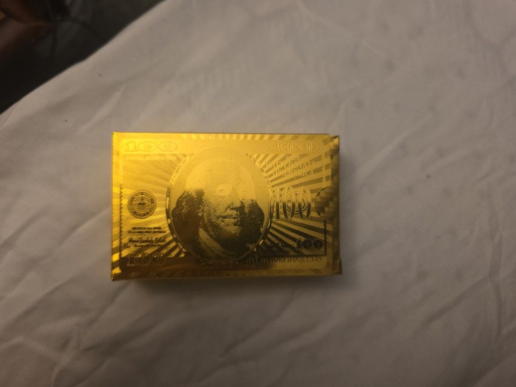 24k Gold Foil Poker Playing Cards $100 Bill With Matching Open Box Unused