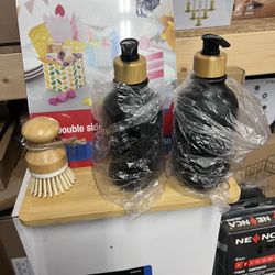 Zopeal 4 Pcs 16 oz Kitchen Soap Dispenser Set with Bamboo Tray and Dish Brush Plastic Soap Dispenser Set with Waterproof Labels for Hand Dish Lotion(F