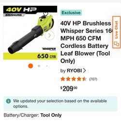 40V HP Brushless Whisper Series 160 MPH 650 CFM Cordless Battery Leaf Blower (Tool Only)