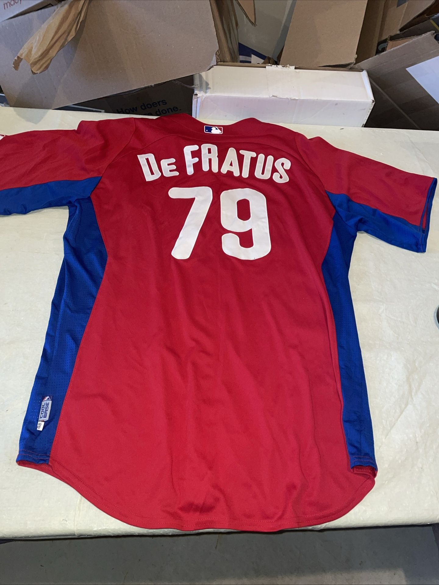 Game Used Justin De Fratus Philadelphia Phillies Jersey MLB Milb Mens 48 Red Bp