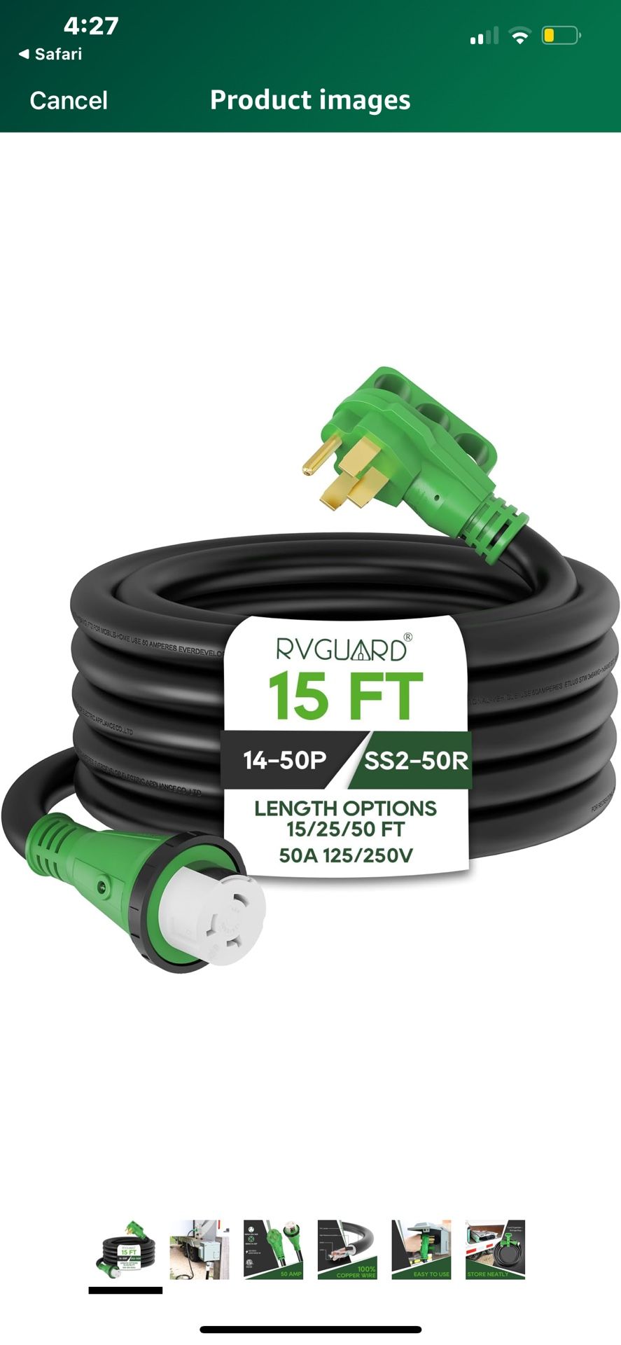 RVGUARD 50 Amp 15 Foot RV Power Cord, 14-50P to SS2-50R Generator Extension Cord, Heavy Duty STW Cord with LED Power Indicator and Cord Organizer, Gre