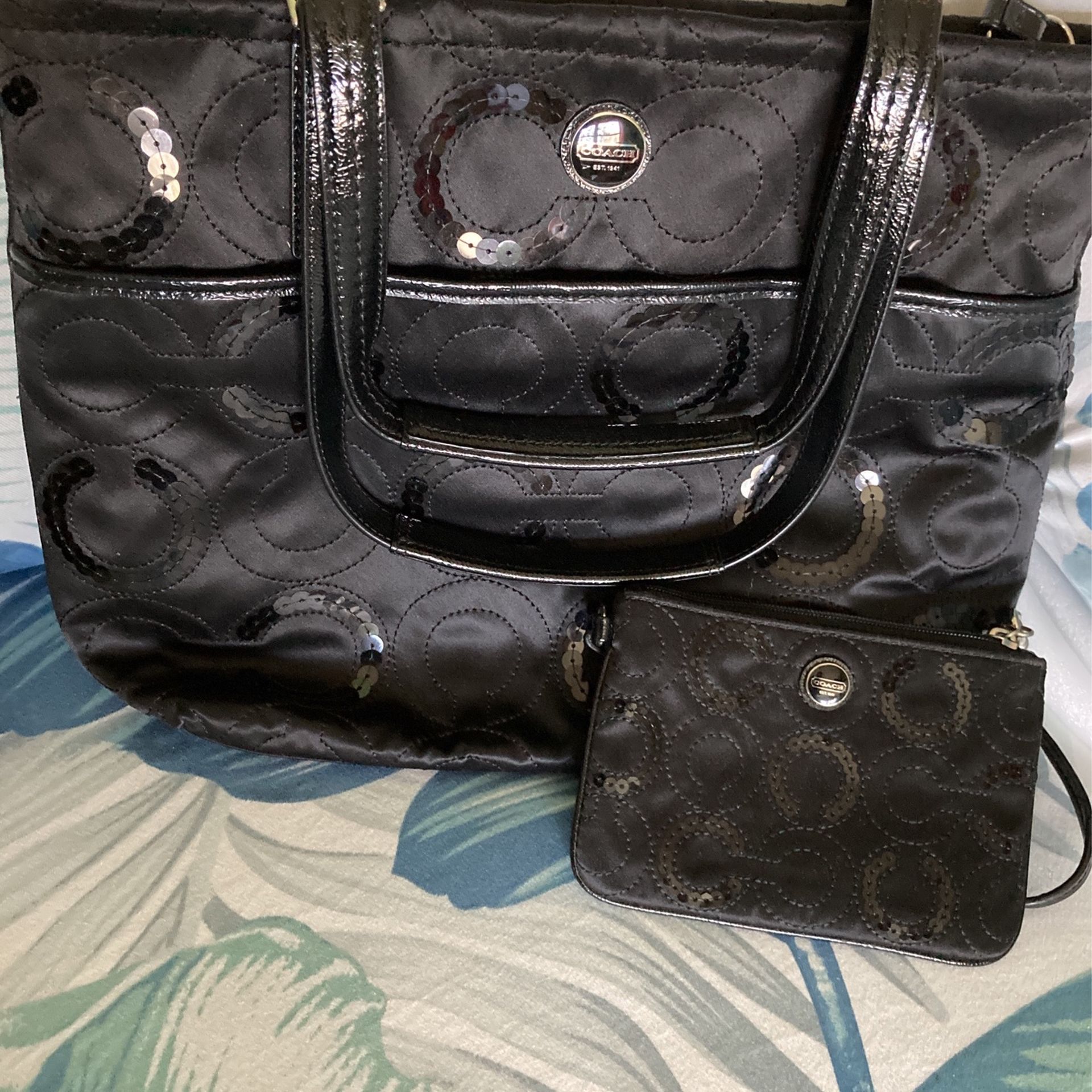 New Never Used Black Sequin Coach Bag /matching Wristlet