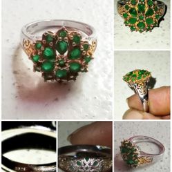 Sterling, Gold, And Jade Flower Ring