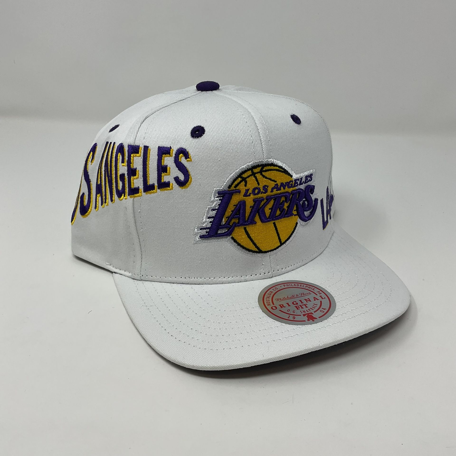 Mitchell & Ness Los Angeles Lakers Retro Snapback Swirl Logo All Over White Hat