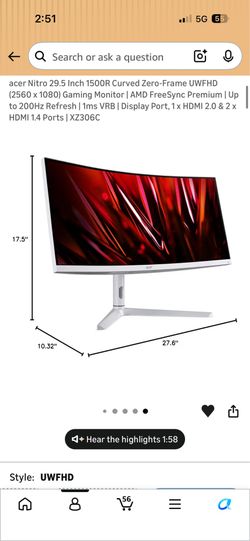 Acer 29” Monitor White