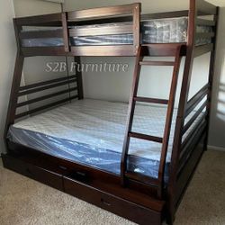 Twin Full Size Expresso Bunkbed With Orthopedic Mattress 