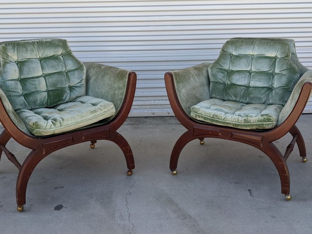 Vintage Mid Century Sage Green Crushed Velvet Accent Chairs On Wheels | Delivery Available 🚚