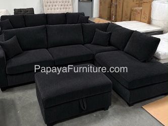 106” New Plush Gray Sectional, Sectional And Storage Ottoman, Sectionals, Sofa, Couch, Gray Couch, Grey Couch, Corduroy Sectional, USB Charger Sofa Di