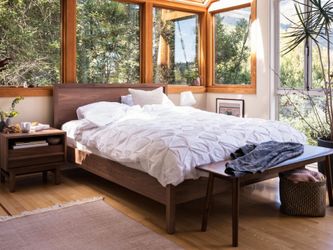 Solid wood queen bedframe in walnut. EQ3 Marcel.
