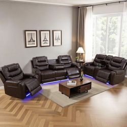 Power Electric Brown Leather Fully Reclining Couch Set