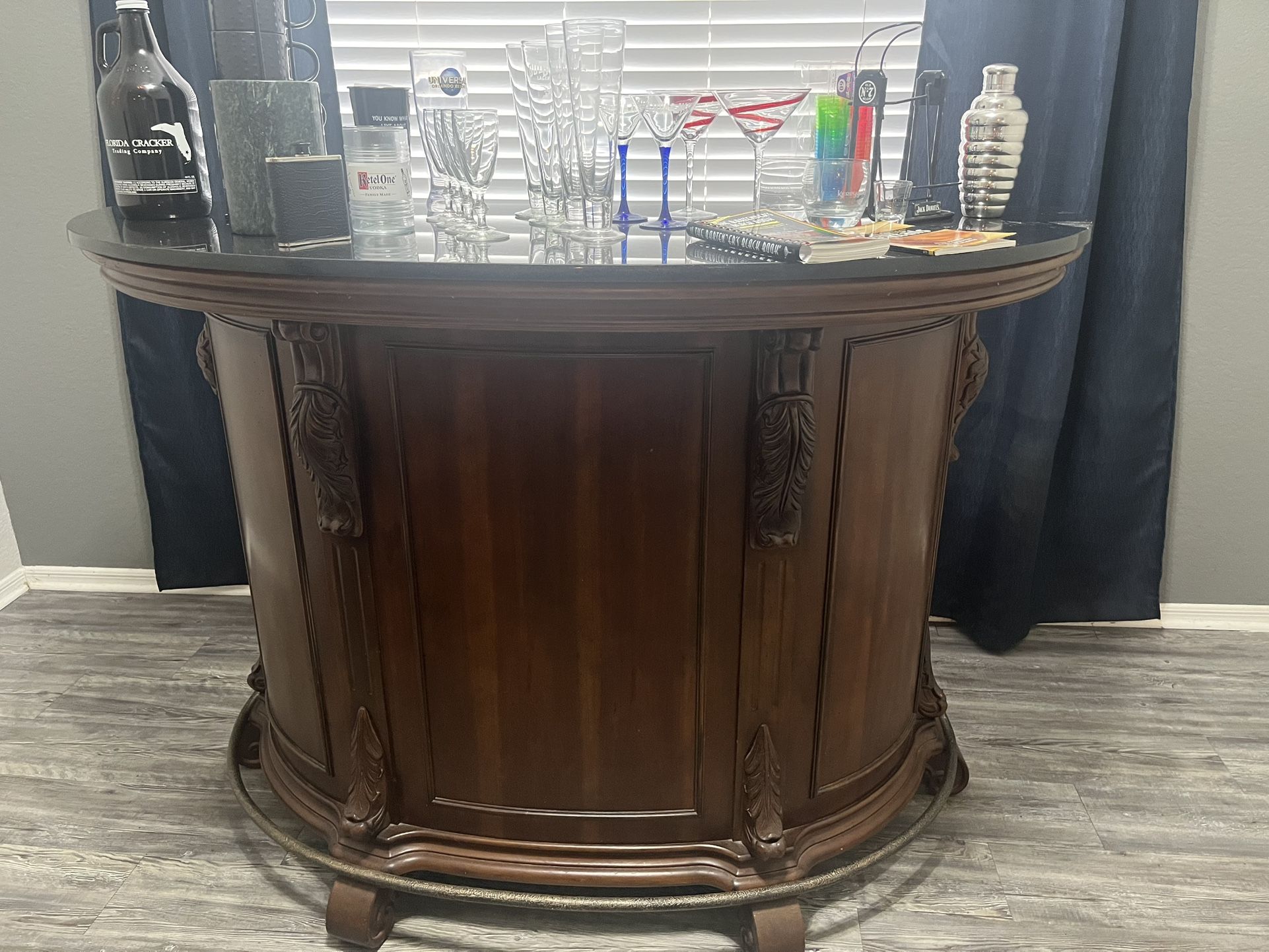 Bar, Granite Top with Glassware etc.