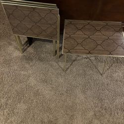 Vintage Mid Century Modern MCM Set of 4 Faux Wood Metal TV Tray Tables, NO STAND