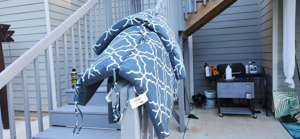 Blue and white chair cushions