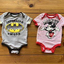2 EUC Batman & Mickey Mouse baby onesies, size 3 months