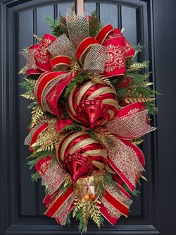Red & Gold Christmas Door Swag, Elegant Christmas Door Decor, Large Ornament Holiday Swag