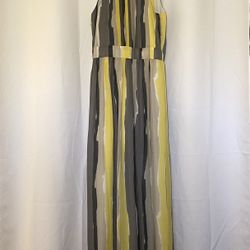 Anne Klein Womens Halter Neck Chiffon Maxi Dress Yellow Gray White Stripe 12 EUC