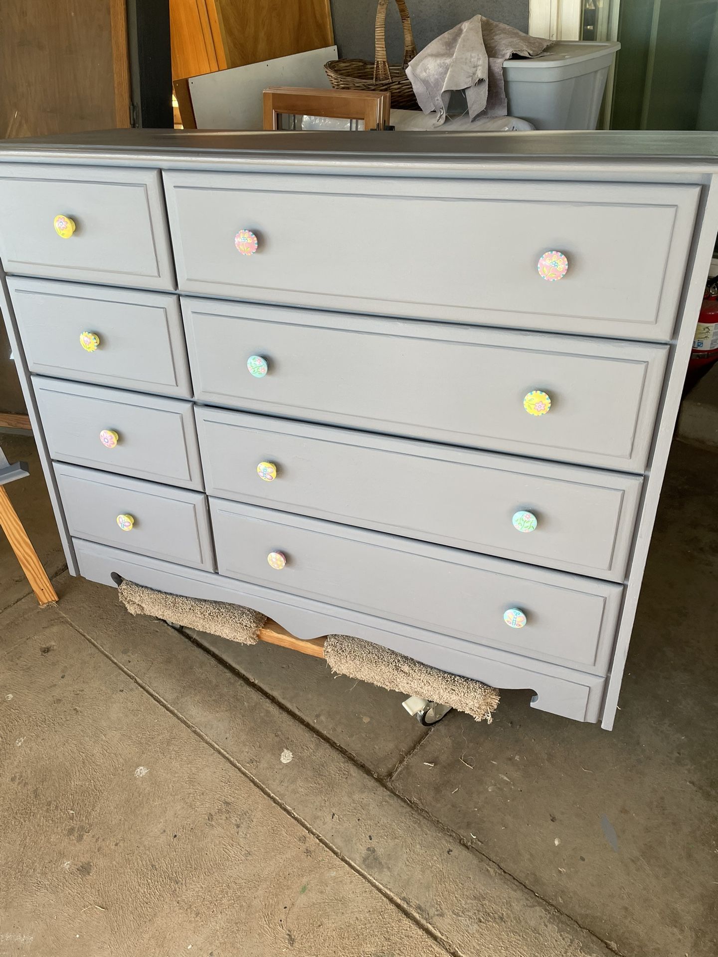 Gray Dresser wood - 8 drawers 49.5 inches wide/. 36 inches high /. 17.5 inches with mirror