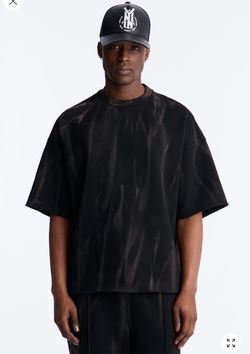 Oversized Bleach Washed Short Sleeve Fleece Tee - Black