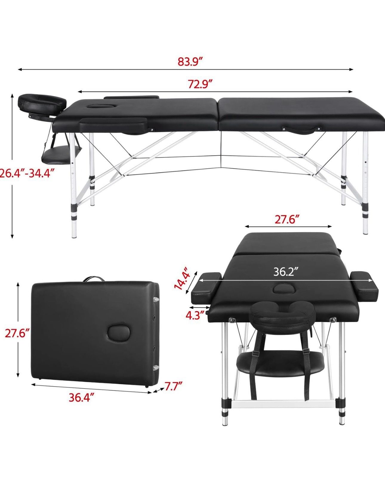 Massage Tables Portable Massage Bed Aluminium Height Adjustable Facial Salon Tattoo Bed with Non-Woven Bag, 28 inch Width Black